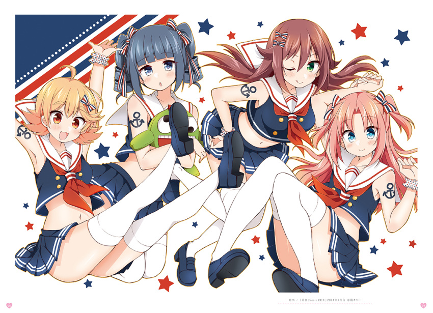 18_kin_(himegoto), 1boy, 3girls, :d, ;p, ahoge, albertina_the_2nd, anchor_tattoo