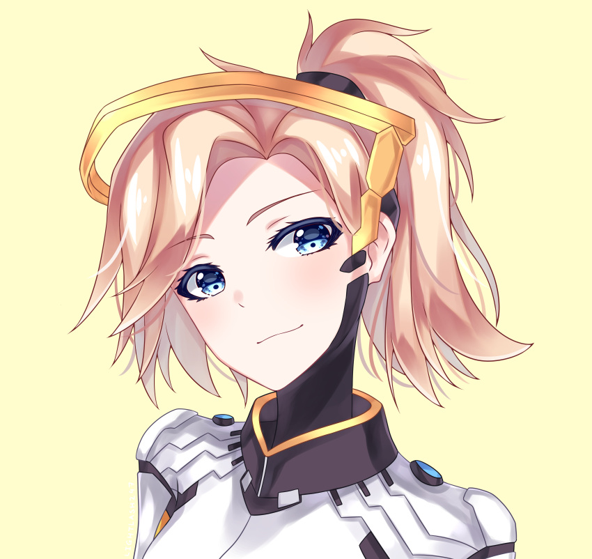 1girl, absurdres, artist_name, blonde_hair, closed_mouth, eyebrows_visible_through_hair, facial_mark, faulds, hair_tie, helen_phan, high_ponytail, highres, looking_at_viewer, mechanical_halo, mercy_(overwatch), overwatch, short_hair, signature, simple_background, smile, solo, upper_body, yellow_background