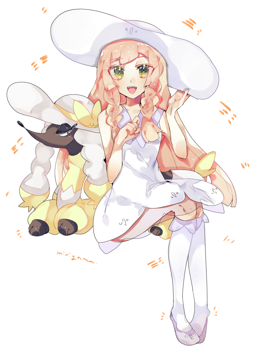 1girl, blonde_hair, braid, dress, furfrou, green_eyes, hat, highres