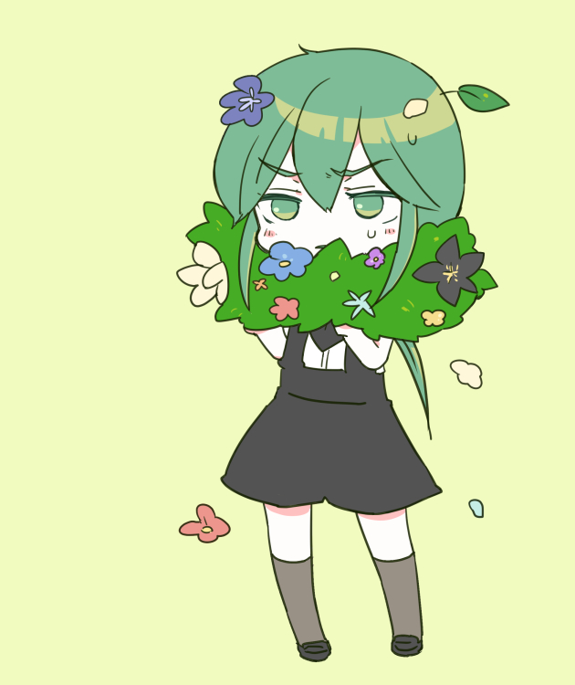 androgynous, chibi, flower, full_body, green_background, green_eyes, houseki_no_kuni, jade_(houseki_no_kuni)