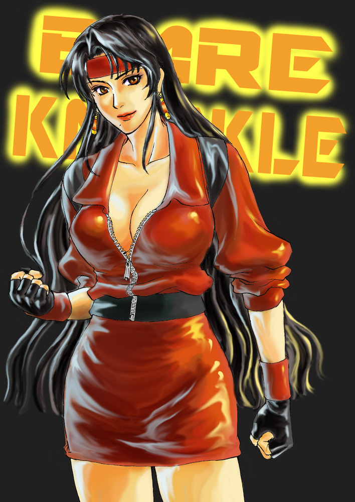 1girl, bare_knuckle, black_gloves, black_hair, blaze_fielding, breasts, brown_eyes, cleavage