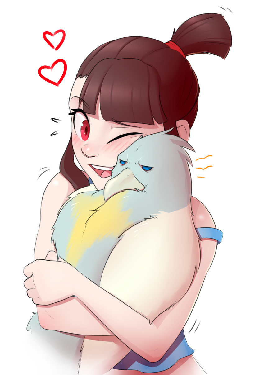 1girl, absurdres, alcor_(little_witch_academia), animal, animal_hug, annoyed, bangs, bare_shoulders