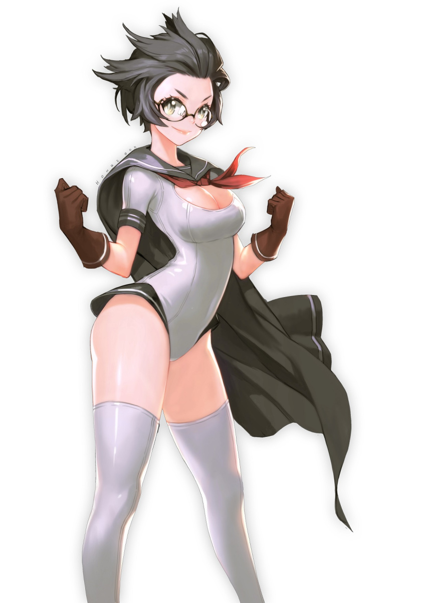 1girl, adapted_costume, arched_back, artist_name, ascot, black-framed_eyewear, black_eyes, black_hair