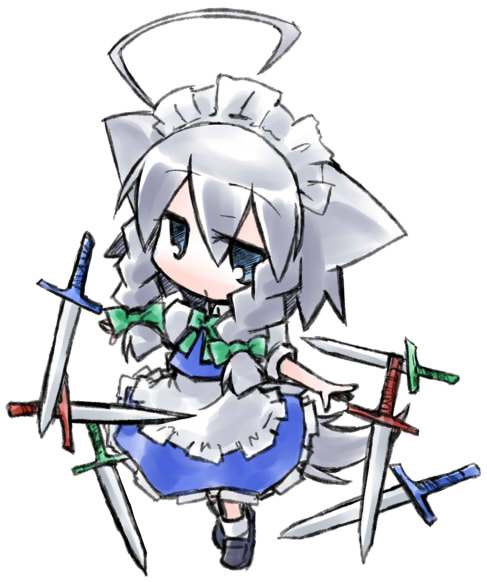 animal_ears, braid, dog_ears, dog_tail, inu_sakuya, izayoi_sakuya, knife, kugelschreiber