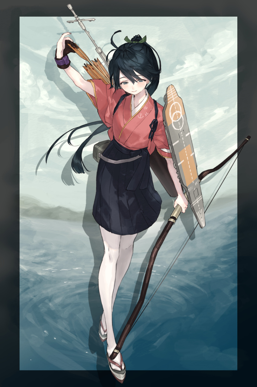 1girl, absurdres, anchor_print, antenna_hair, arm_up, arrow, behind_back, black_border, black_hair, black_ribbon, black_skirt, blue_eyes, blush, border, bow_(weapon), closed_mouth, clouds, cloudy_sky, flight_deck, full_body, geta, gloves, highres, holding, holding_bow_(weapon), holding_weapon, houshou_(kantai_collection), japanese_clothes, kantai_collection, kimono, long_hair, looking_down, medium_skirt, ocean, on_liquid, outdoors, ozyako, pantyhose, partly_fingerless_gloves, pink_kimono, ponytail, quiaver, ribbon, shadow, skirt, sky, smile, solo, standing, tareme, tasuki, very_long_hair, water, weapon, white_legwear, yugake