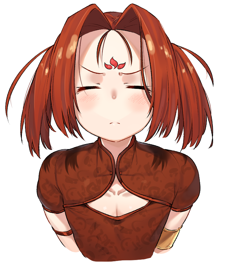 1girl, armlet, blush, brown_hair, china_dress, chinese_clothes, cleavage_cutout, closed_eyes
