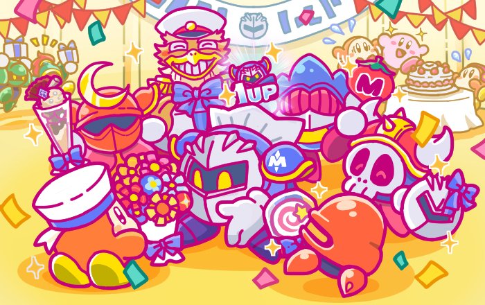 1up, 6+boys, axe_knight_(kirby), banner, bird, blade_knight, bouquet, bow