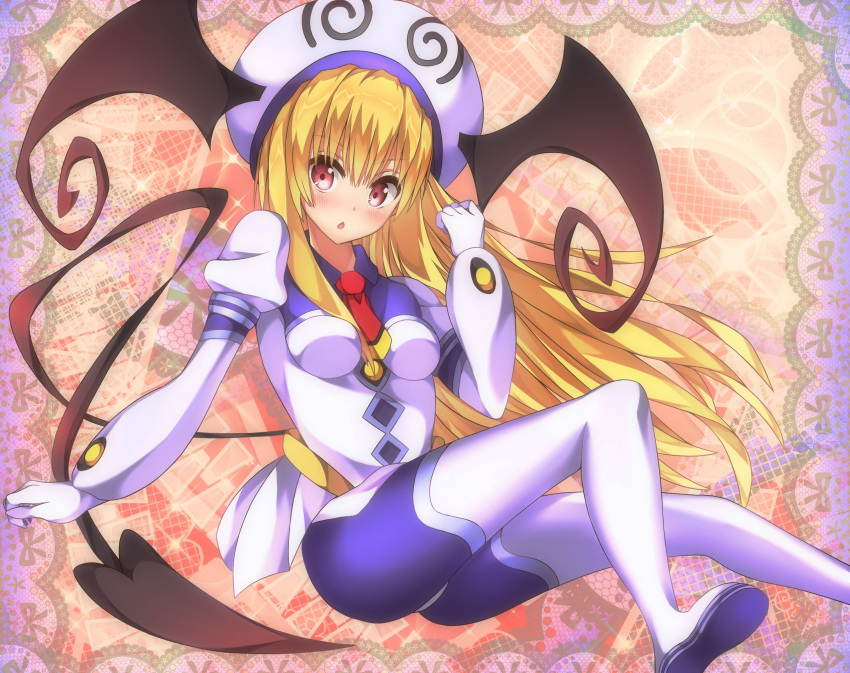 1girl, :o, bat_wings, blonde_hair, blush, cosplay, demon_tail, hat, highres, konjiki_no_yami, lala_satalin_deviluke, lala_satalin_deviluke_(cosplay), leotard, long_hair, looking_at_viewer, necktie, red_eyes, shinki_(user_srrn2727), short_necktie, solo, tail, to_love-ru, to_love-ru_darkness, very_long_hair, wings