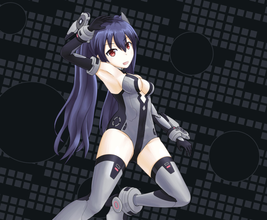 1girl, :d, armpits, black_hair, black_heart, black_heart_(cosplay), boots, cleavage_cutout