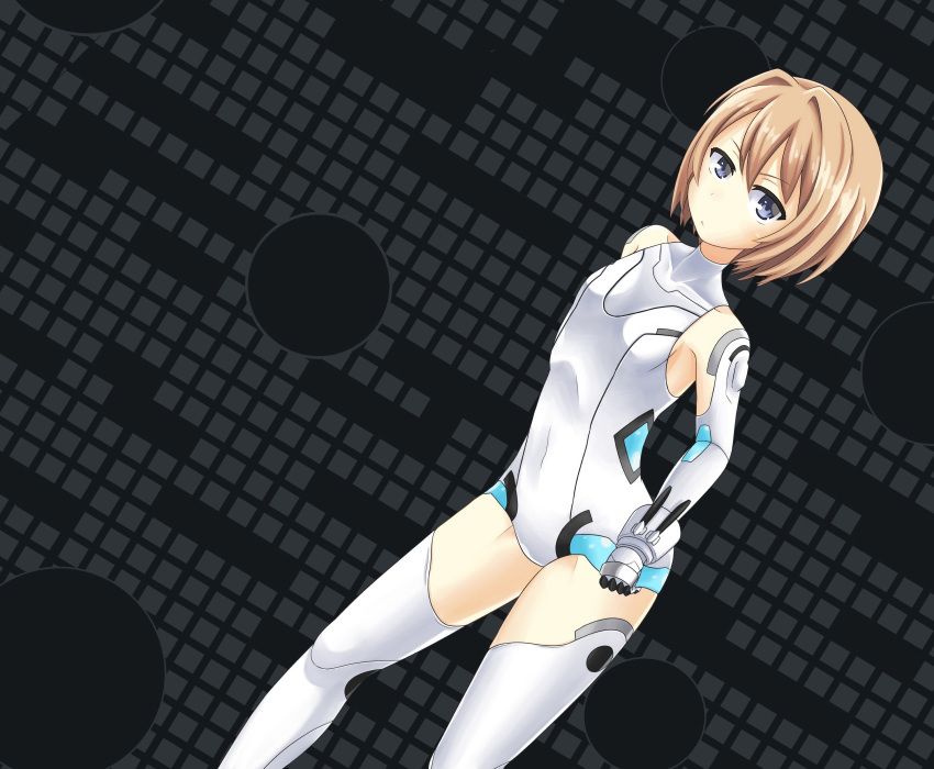 1girl, blanc, blue_eyes, brown_hair, cosplay, covered_navel, elbow_gloves, frown