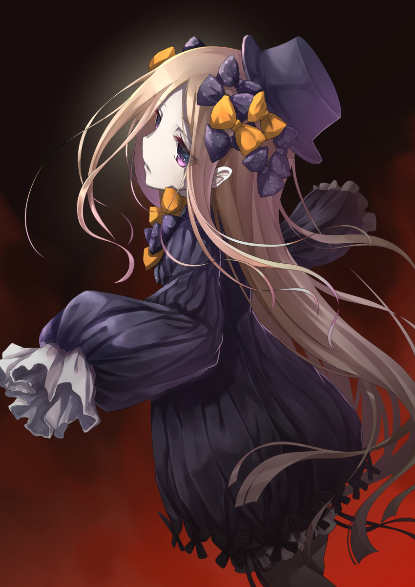 1girl, abigail_williams_(fate/grand_order), black_background, black_legwear, blonde_hair, blue_dress, bow, commentary