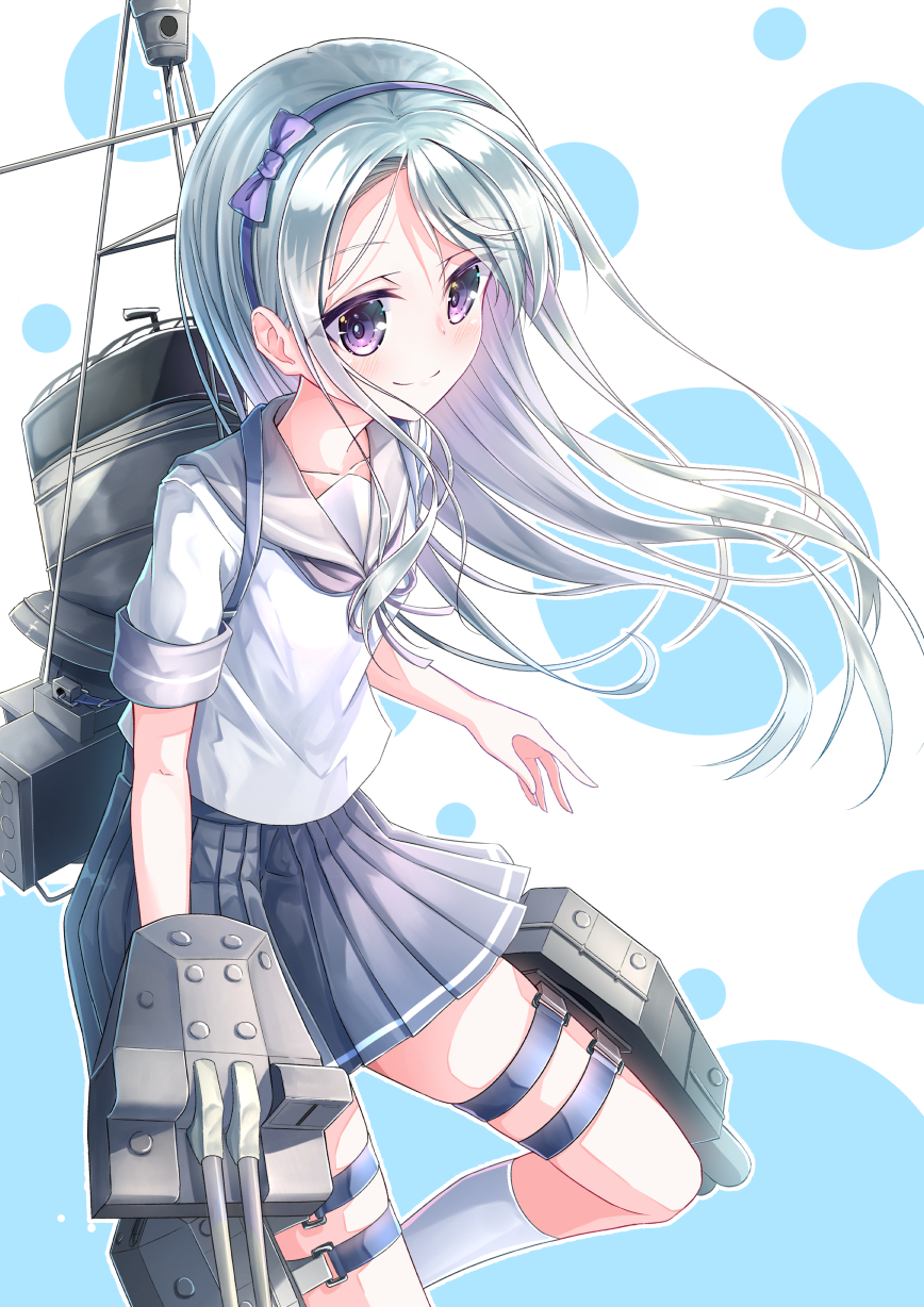 1girl, blue_skirt, bow, cannon, carrying, closed_mouth, collarbone, commentary_request