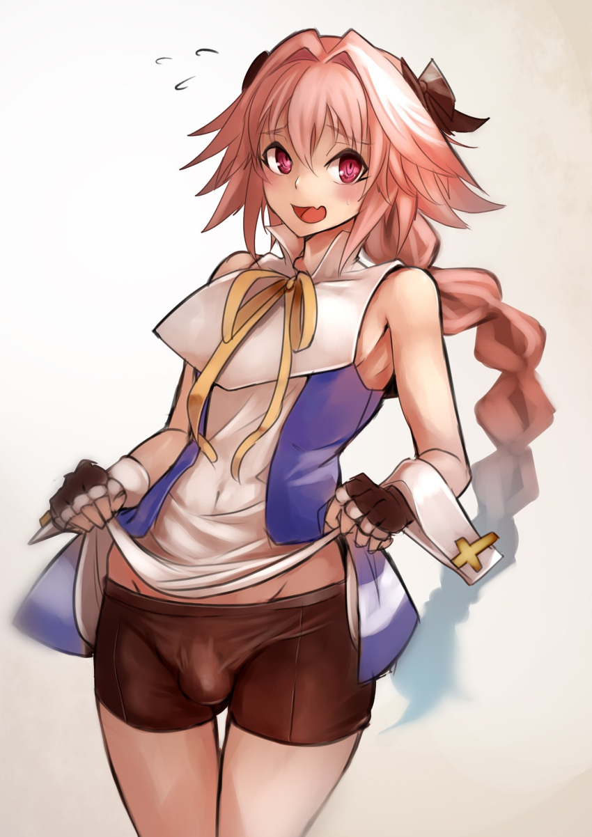 1boy, :d, armpit_peek, astolfo_(fate), bare_shoulders, bike_shorts, black_bow, blush, bow, braid, bridget_(guilty_gear), bridget_(guilty_gear)_(cosplay), bulge, cosplay, covered_navel, cowboy_shot, fang, fate/apocrypha, fate_(series), fingerless_gloves, gloves, groin, hair_bow, hair_intakes, highres, long_hair, looking_at_viewer, male_focus, open_mouth, pink_hair, red_eyes, single_braid, smile, sowel_(sk3), trap, very_long_hair