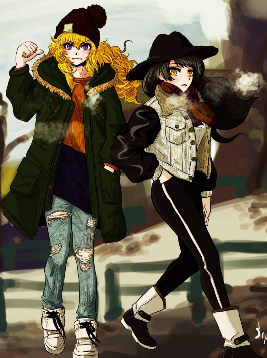 2girls, alternate_costume, black_hair, blake_belladonna, blonde_hair, blush, boots, denim