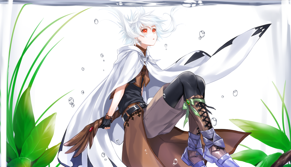 air_bubble, androgynous, armor, armored_boots, black_belt, black_legwear, black_shirt, boot_bow