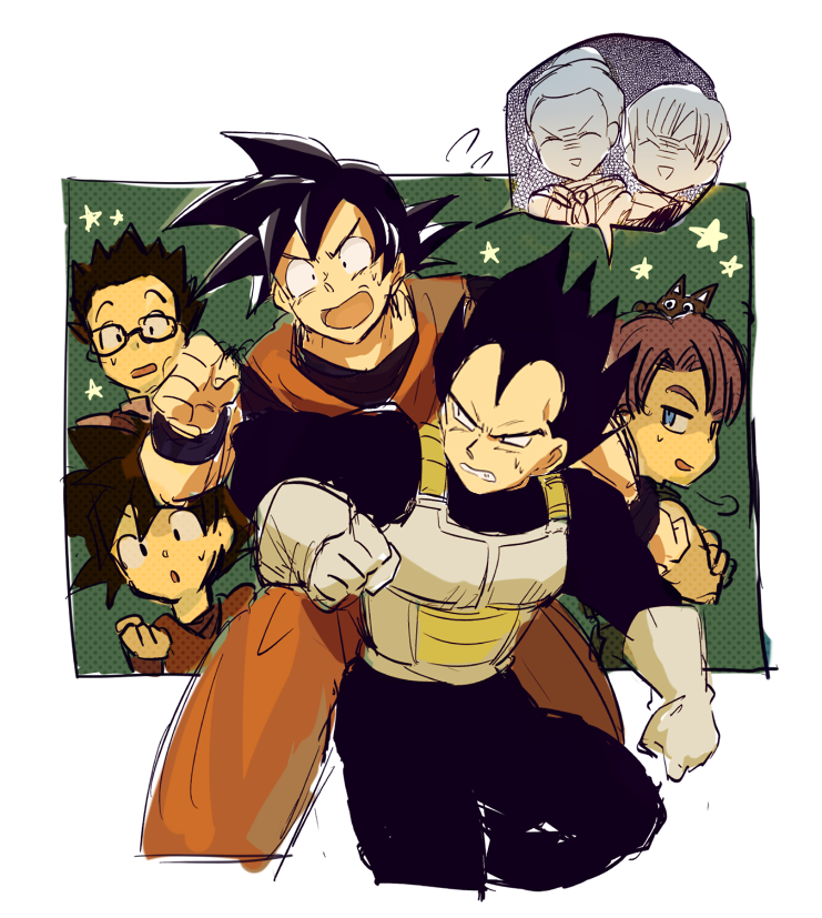 2girls, 5boys, :o, =3, annoyed, armor, black_eyes, black_hair