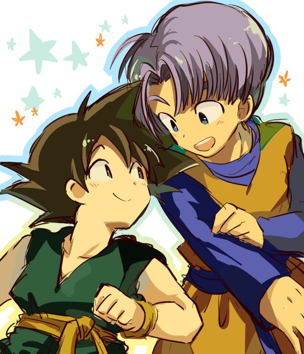 2boys, :d, black_eyes, black_hair, blue_background, blue_eyes, clenched_hand, cosplay, costume_switch, dougi, dragon_ball, dragonball_z, happy, long_sleeves, looking_at_another, male_focus, multiple_boys, neko_ni_chikyuu, open_mouth, purple_hair, short_hair, simple_background, smile, son_goten, son_goten_(cosplay), spiky_hair, star, starry_background, trunks_(dragon_ball), trunks_(dragon_ball)_(cosplay), white_background, wristband