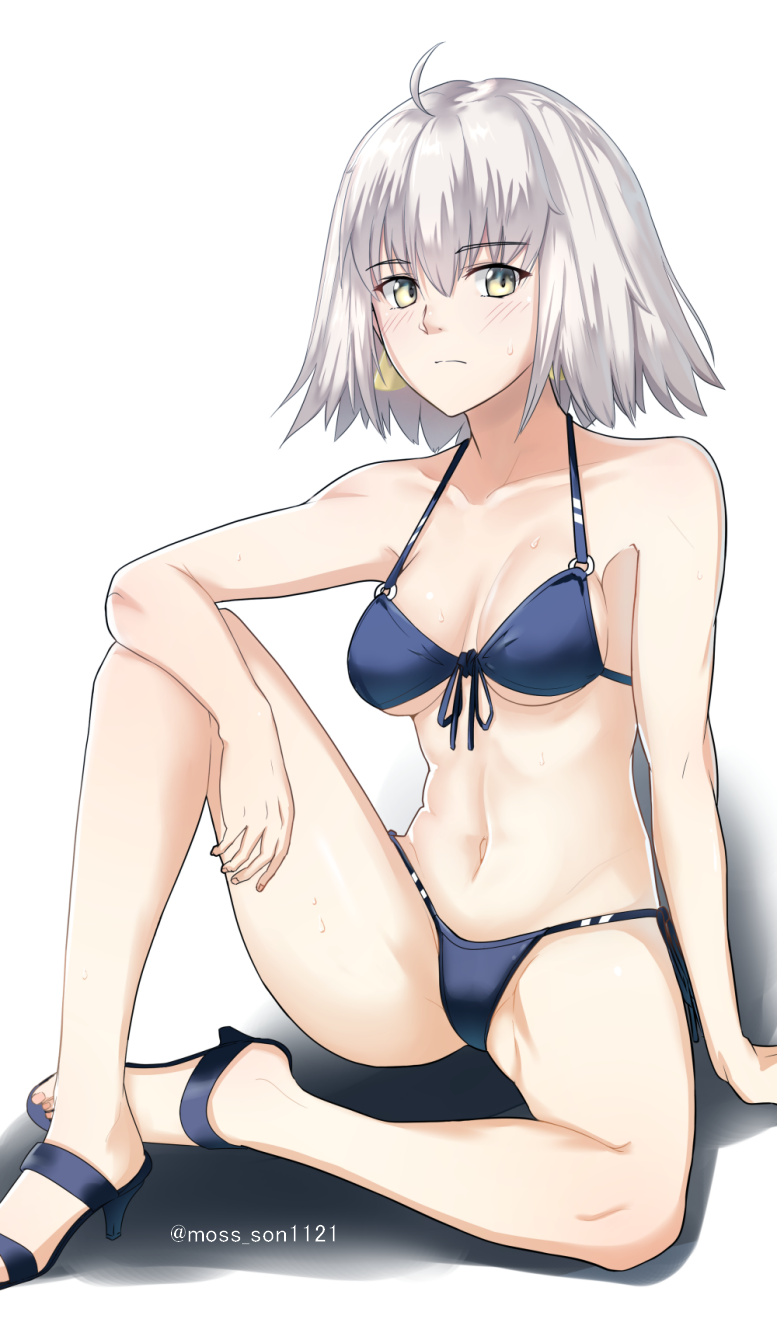 1girl, abs, ahoge, arm_support, bikini, blue_bikini, blush, breasts, cleavage, earrings, eyebrows_visible_through_hair, fate/grand_order, fate_(series), front-tie_top, grey_hair, groin, groin_tendon, hair_between_eyes, high_heels, highres, jeanne_d'arc_(alter)_(fate), jeanne_d'arc_(fate)_(all), jewelry, komodai, medium_breasts, navel, shadow, short_hair, solo, sweatdrop, swimsuit, twitter_username, white_background, yellow_eyes