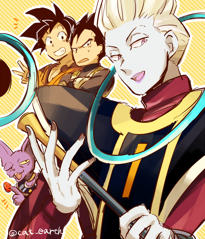 +++, 4boys, ;d, armor, beerus, black_eyes, black_hair, crossed_arms