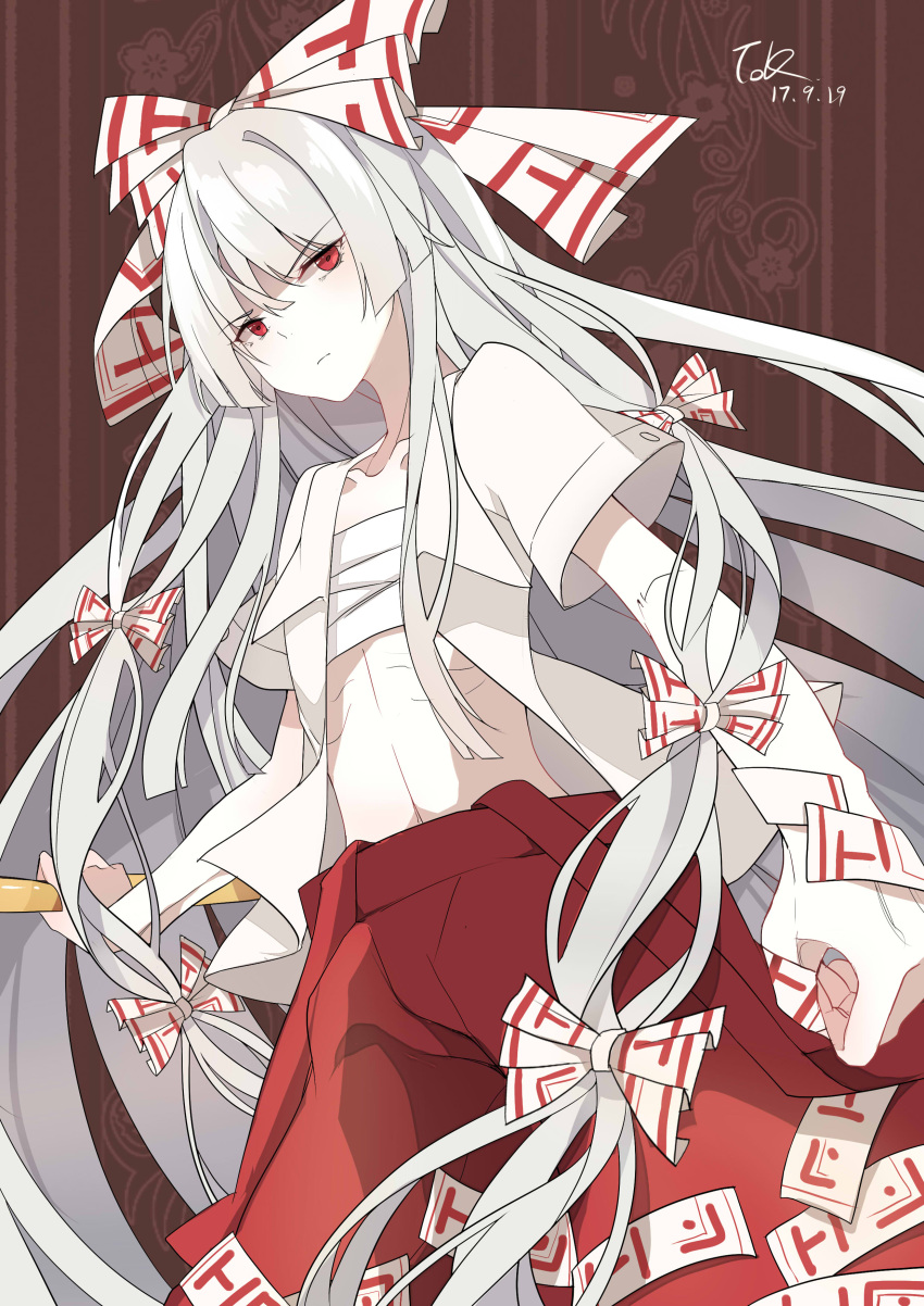 absurdres, angry, baggy_pants, bangs, bow, dated, fujiwara_no_mokou, hair_bow