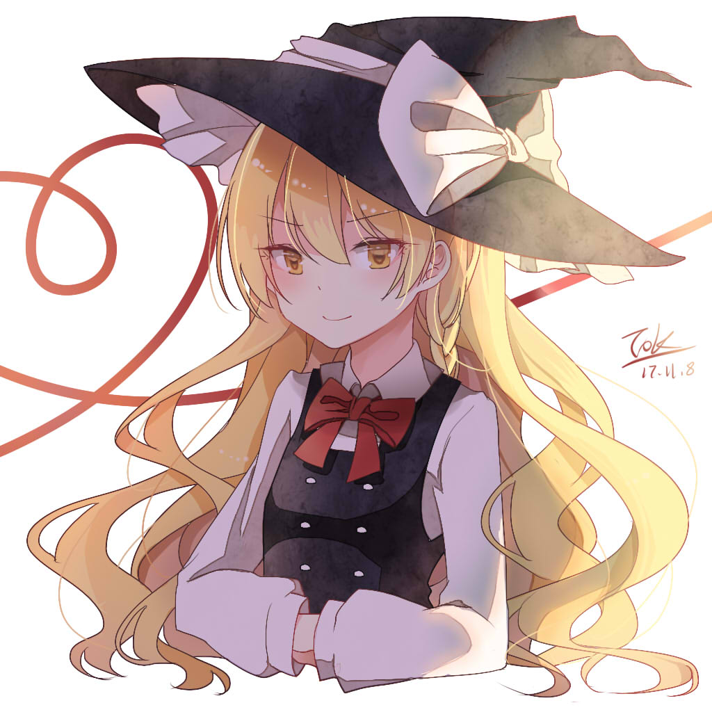 1girl, black_dress, blonde_hair, blush, bow, bowtie, braid, buttons