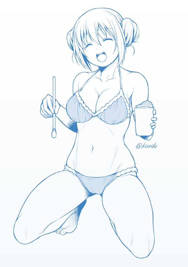 1girl, :d, bare_arms, bare_legs, bare_shoulders, barefoot, blend_s, blue