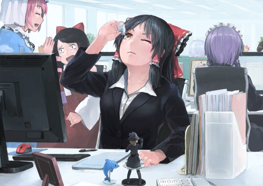 6+girls, black_hair, blush, bow, braid, breasts, brown_eyes, chair
