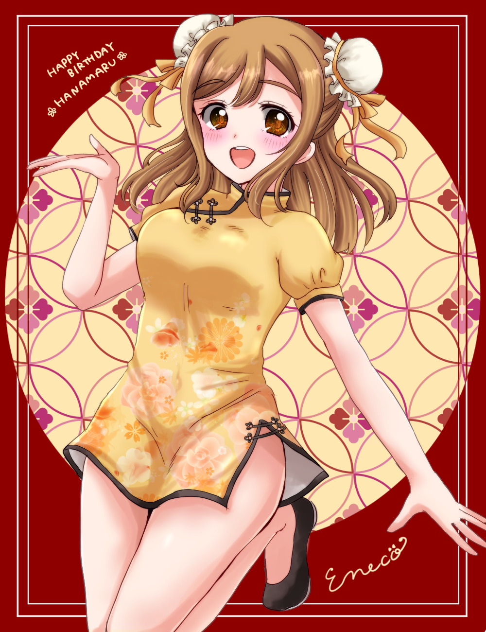 1girl, :d, arm_at_side, bangs, bare_legs, black_footwear, blush, border