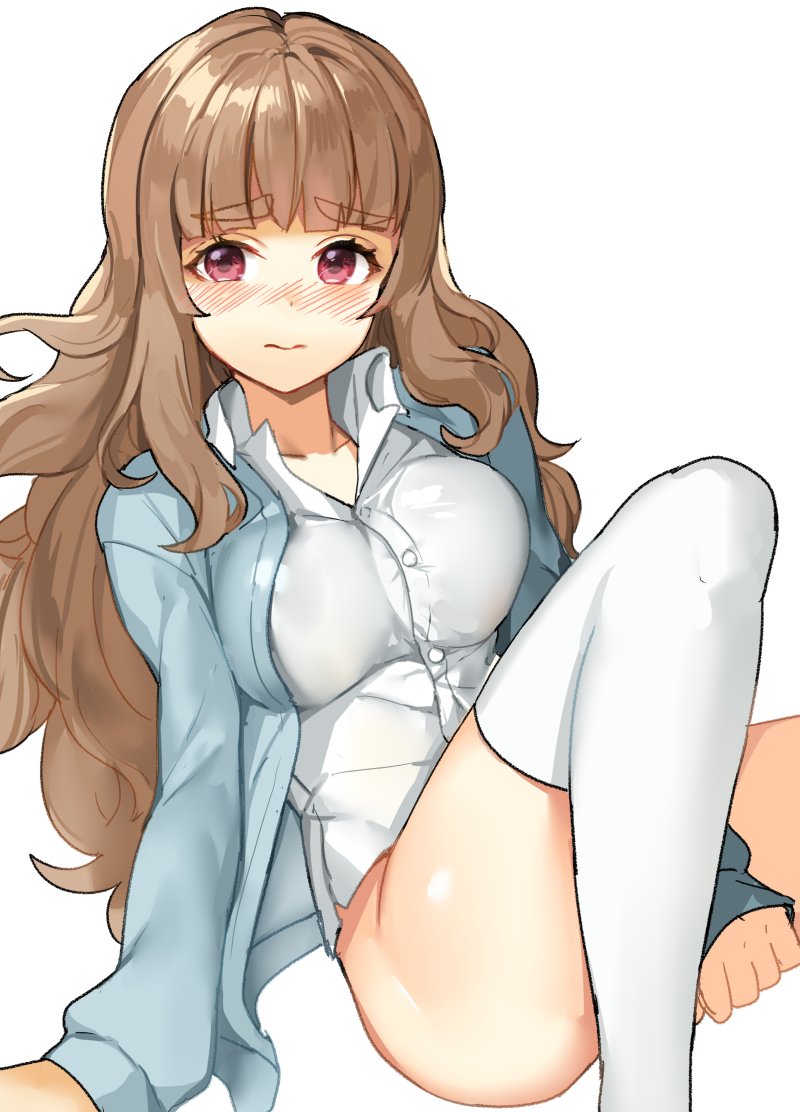 1girl, bangs, blunt_bangs, blush, breasts, brown_hair, eyebrows, hair_bun