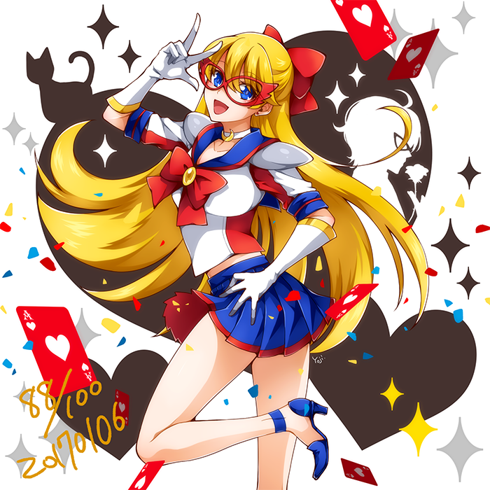 1girl, :d, aino_minako, bishoujo_senshi_sailor_moon, blonde_hair, blue_eyes, blue_footwear, blue_sailor_collar, blue_skirt, bow, card, choker, cowboy_shot, dated, gloves, hair_bow, half_updo, hand_on_hip, heart, high_heels, long_hair, looking_at_viewer, magical_girl, mask, open_mouth, playing_card, pleated_skirt, red_bow, sailor_v, shoulder_pads, skirt, smile, solo, standing, standing_on_one_leg, v, white_background, white_gloves, white_neckwear, yoji.