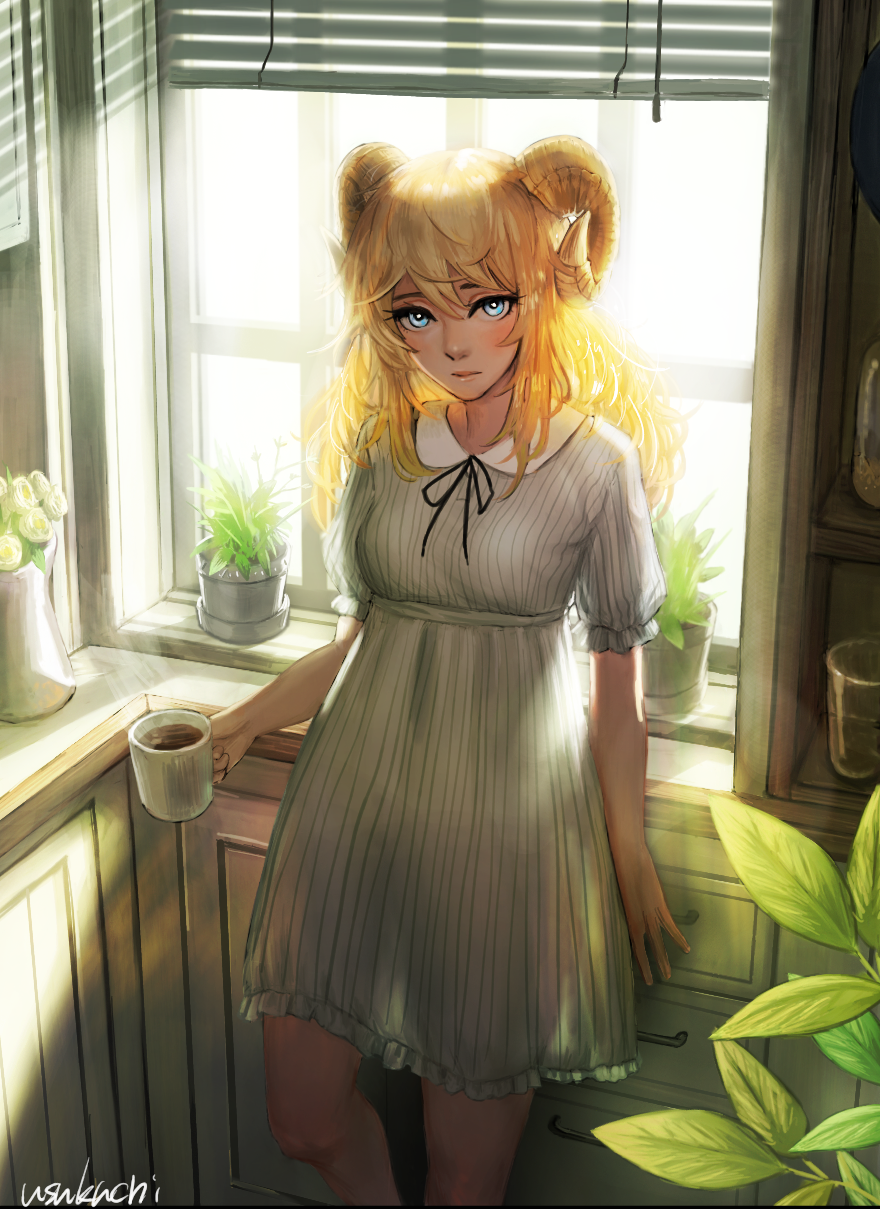 1girl, bangs, blinds, blonde_hair, blue_eyes, blush, coffee, curled_horns