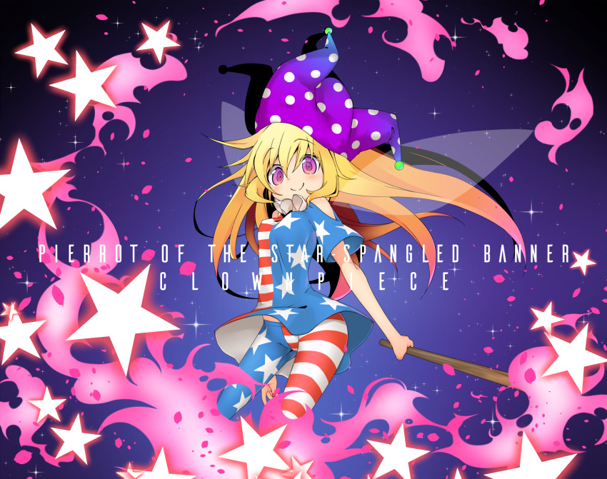 1girl, american_flag_dress, american_flag_legwear, bangs, bare_arms, blonde_hair, breasts, closed_mouth
