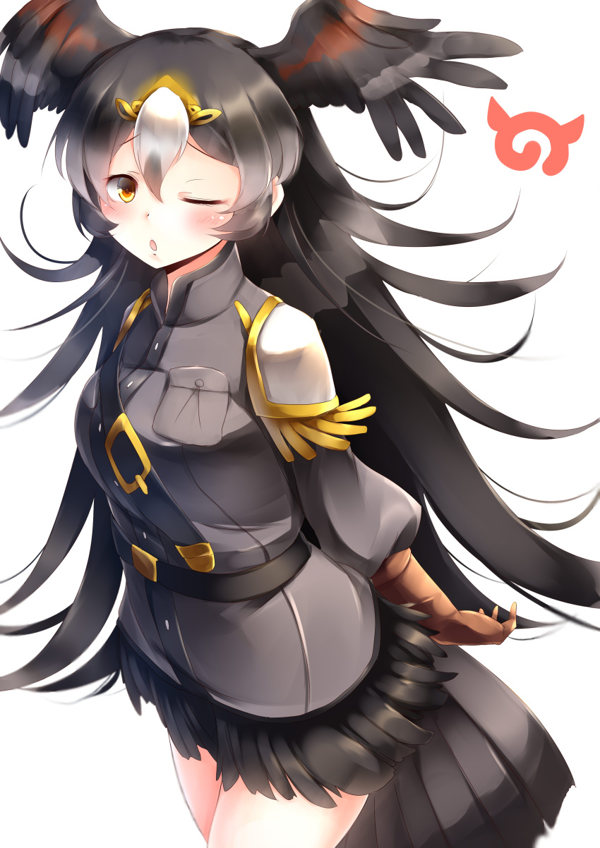 1girl, :o, absurdres, belt, bird_tail, black_hair, blush, breast_pocket