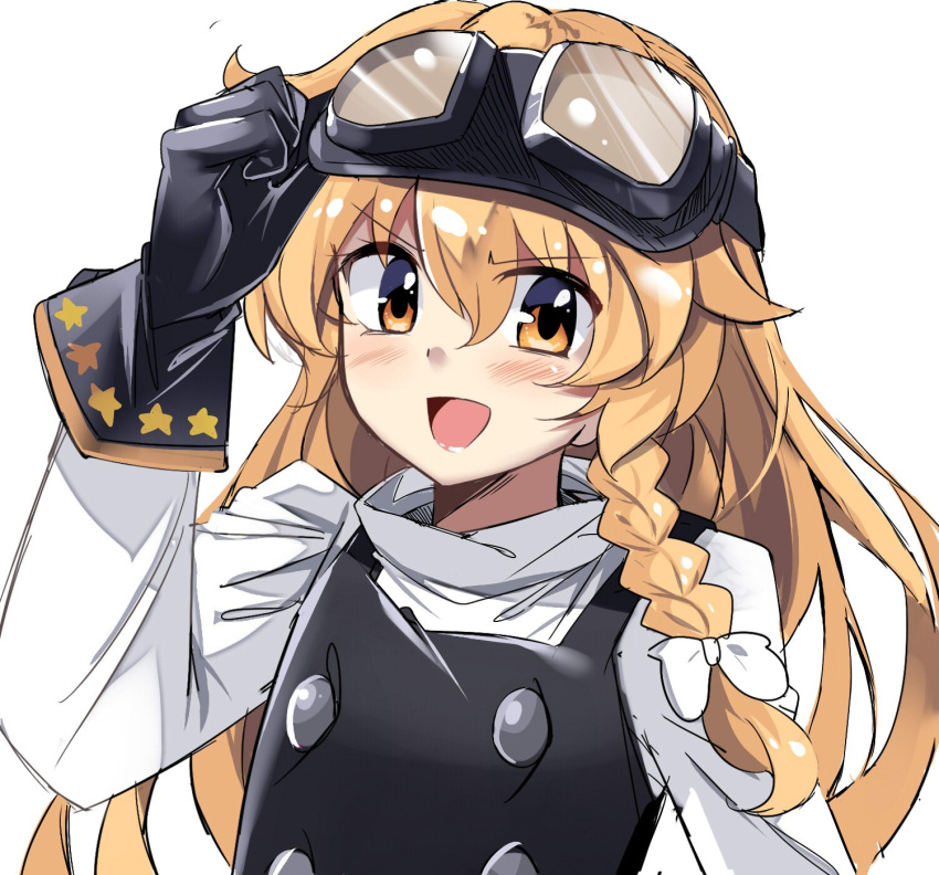 1girl, adjusting_goggles, alternate_headwear, black_gloves, black_vest, blonde_hair, bow, braid