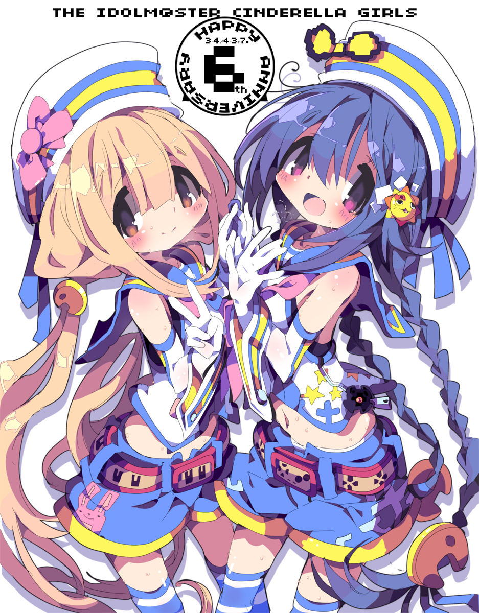 2girls, :d, anniversary, blonde_hair, blue_hair, blue_shorts, blush, braid