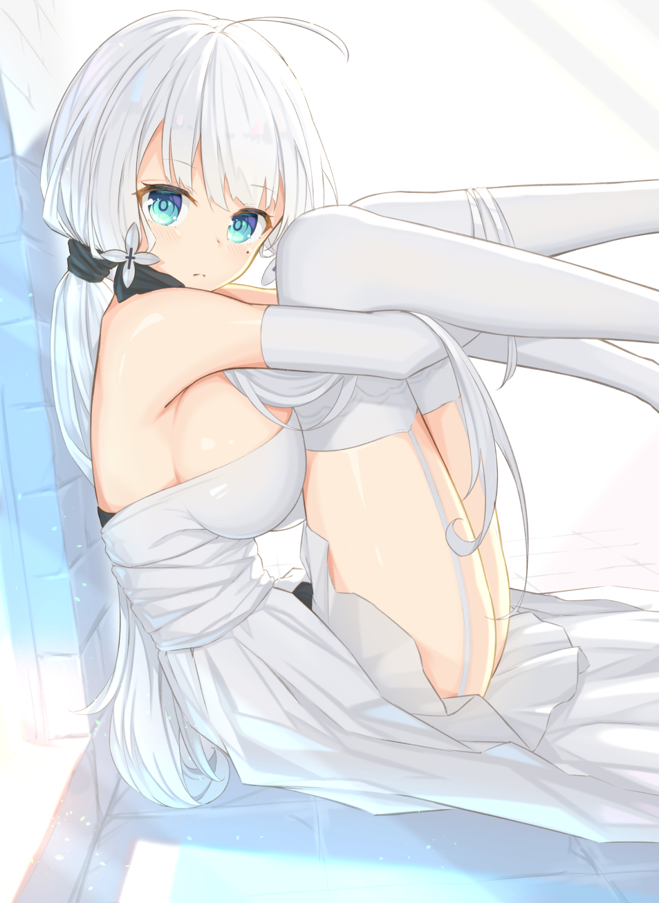 1girl, ahoge, azur_lane, blue_eyes, blush, breasts, closed_mouth, dress, elbow_gloves, garter_straps, gloves, habu., highres, illustrious_(azur_lane), large_breasts, long_hair, looking_at_viewer, mole, mole_under_eye, sitting, solo, thigh-highs, white_dress, white_hair, white_legwear