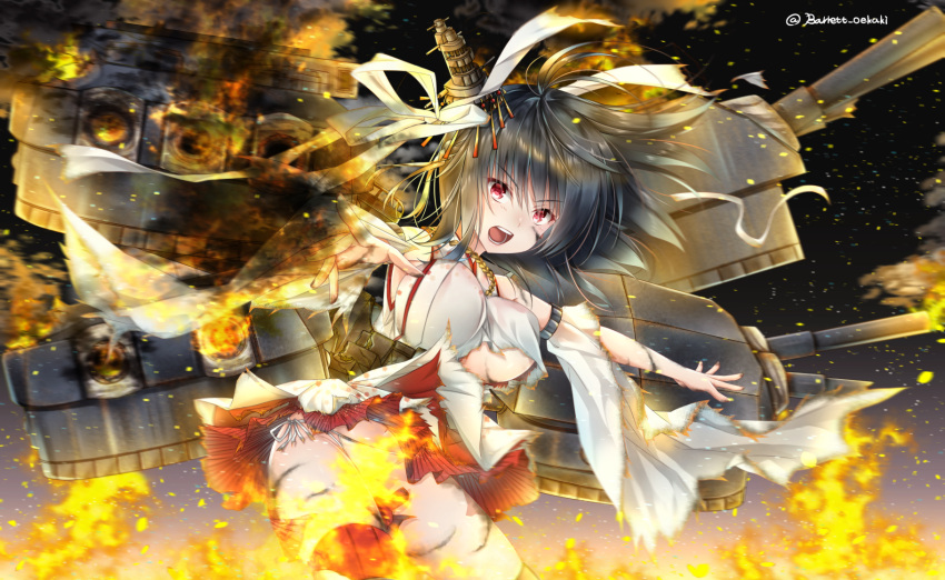 1girl, baretto_(firearms_1), black_hair, breasts, cannon, damaged, detached_sleeves, explosion