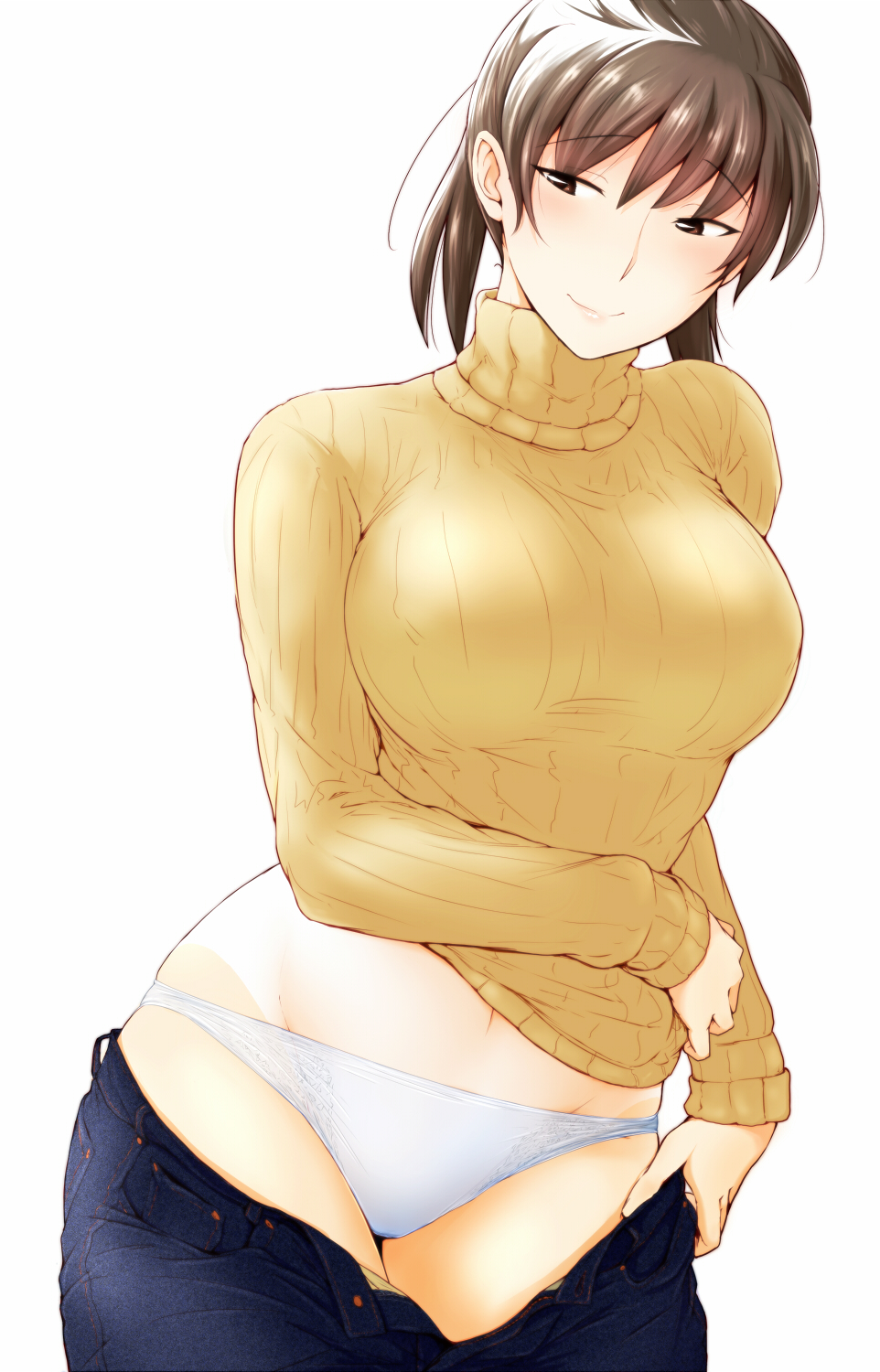1girl, amagami, blush, breasts, brown_eyes, brown_hair, curvy, denim