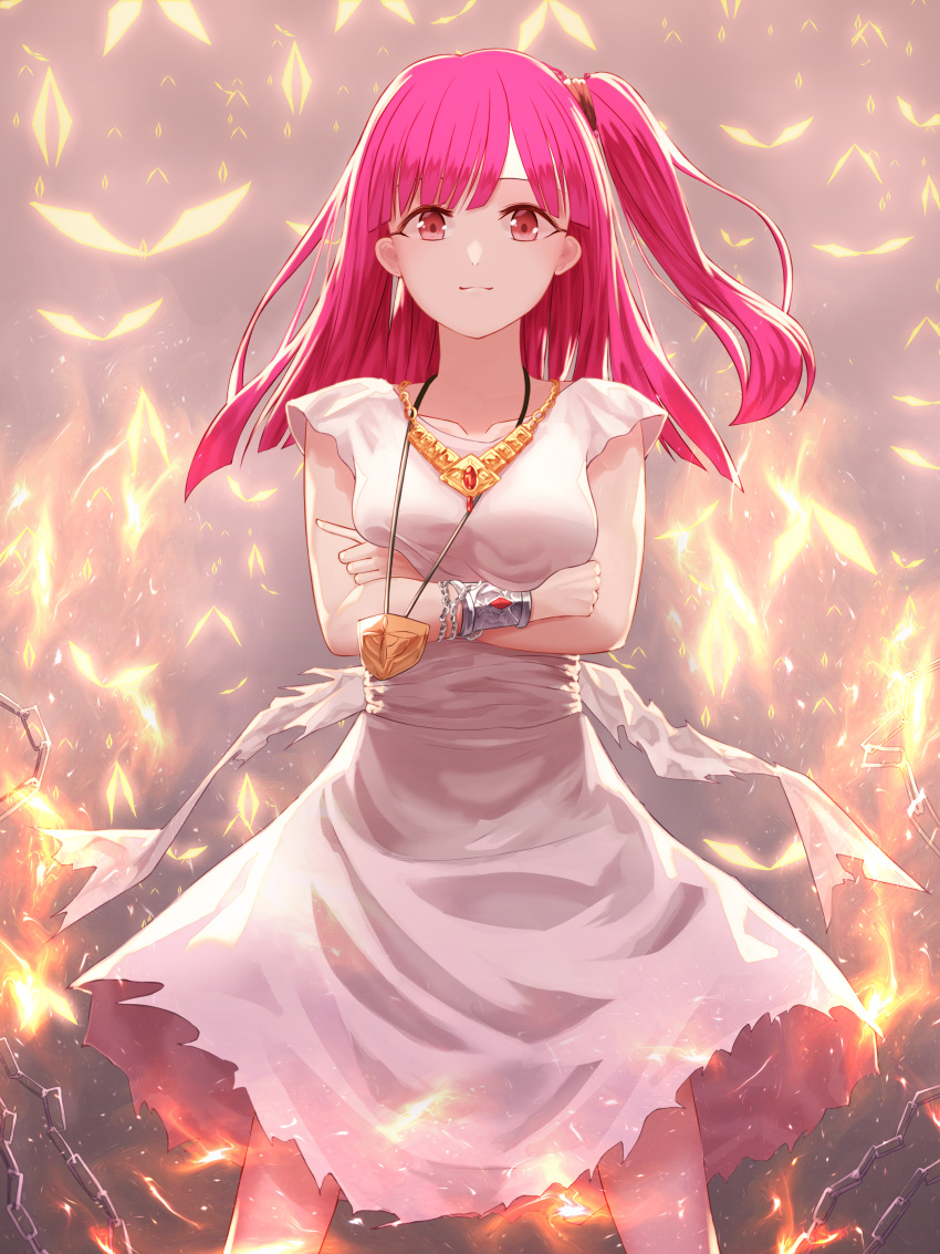 1girl, absurdres, asymmetrical_hair, bracelet, breast_hold, breasts, chains, collarbone