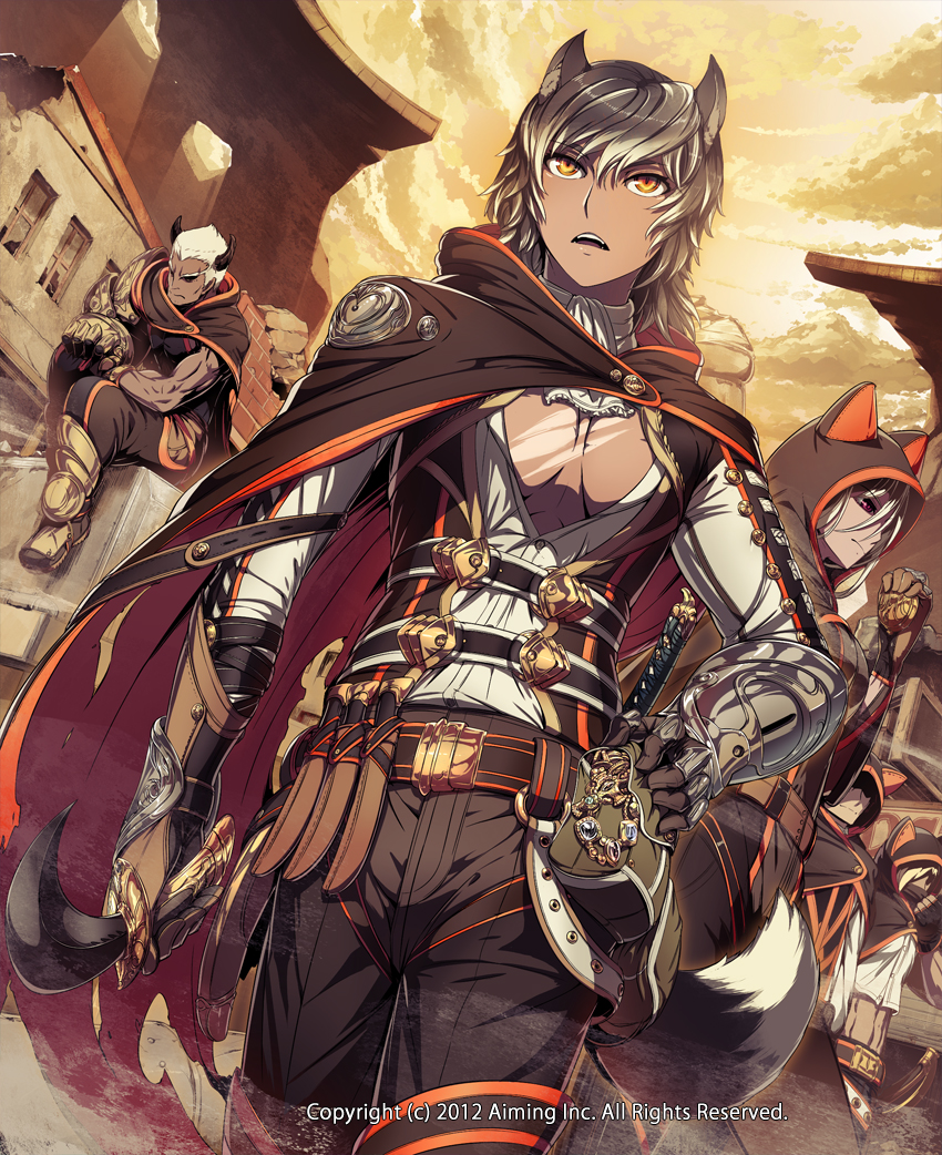 1girl, 4boys, animal_ears, animal_hood, armor, belt, breasts, brown_footwear