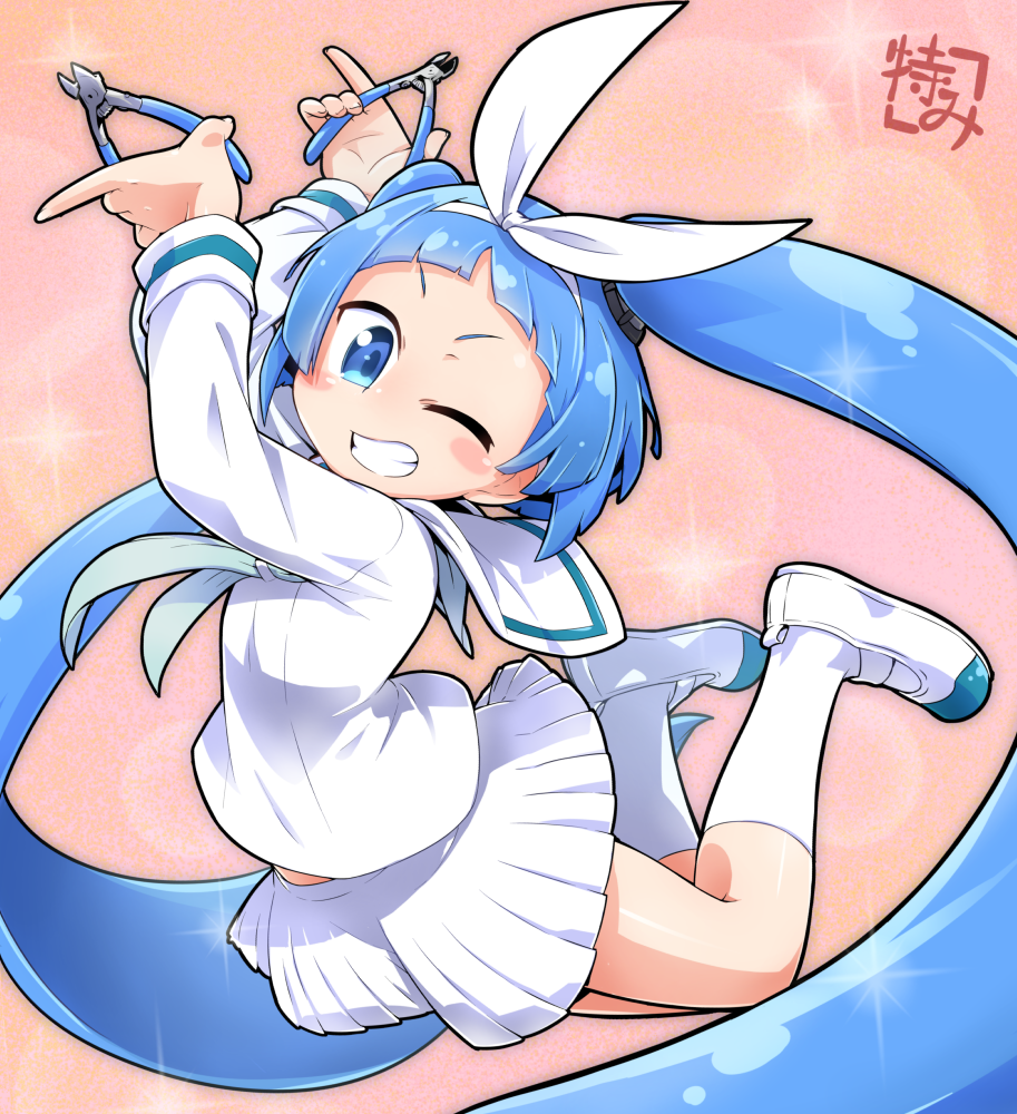 1girl, blue_eyes, blue_hair, blush_stickers, clenched_teeth, commentary_request, hairband, long_hair