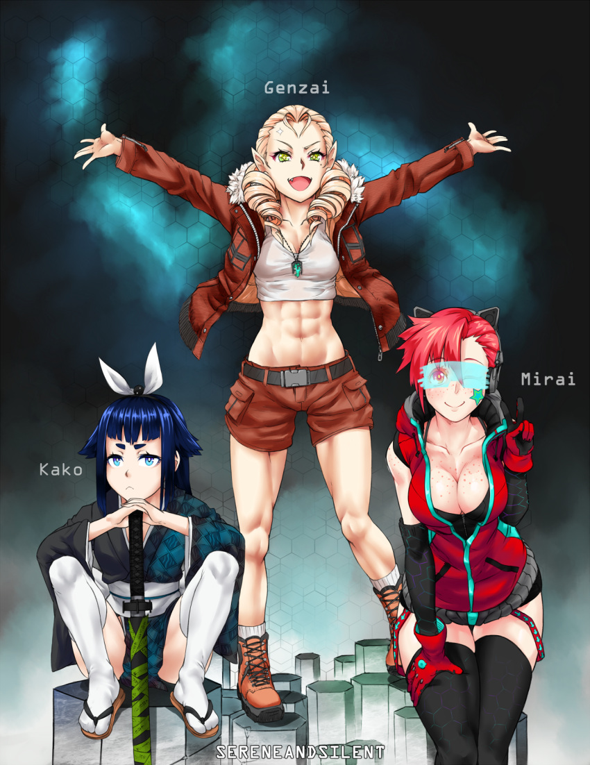 +_+, 3girls, :<, :d, ;), abs, artist_name, asymmetrical_bangs