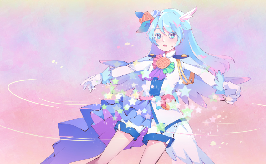 1boy, blue_eyes, blue_hair, cowboy_shot, cure_waffle, epaulettes, food, gloves