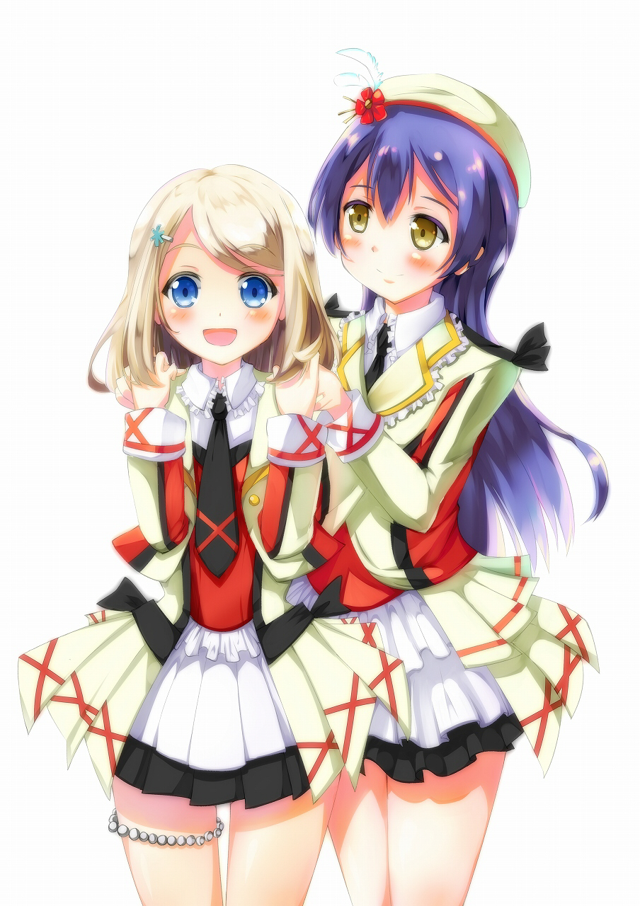 2girls, ayase_arisa, ayase_eli, ayase_eli_(cosplay), black_neckwear, blonde_hair, blue_eyes, blue_hair