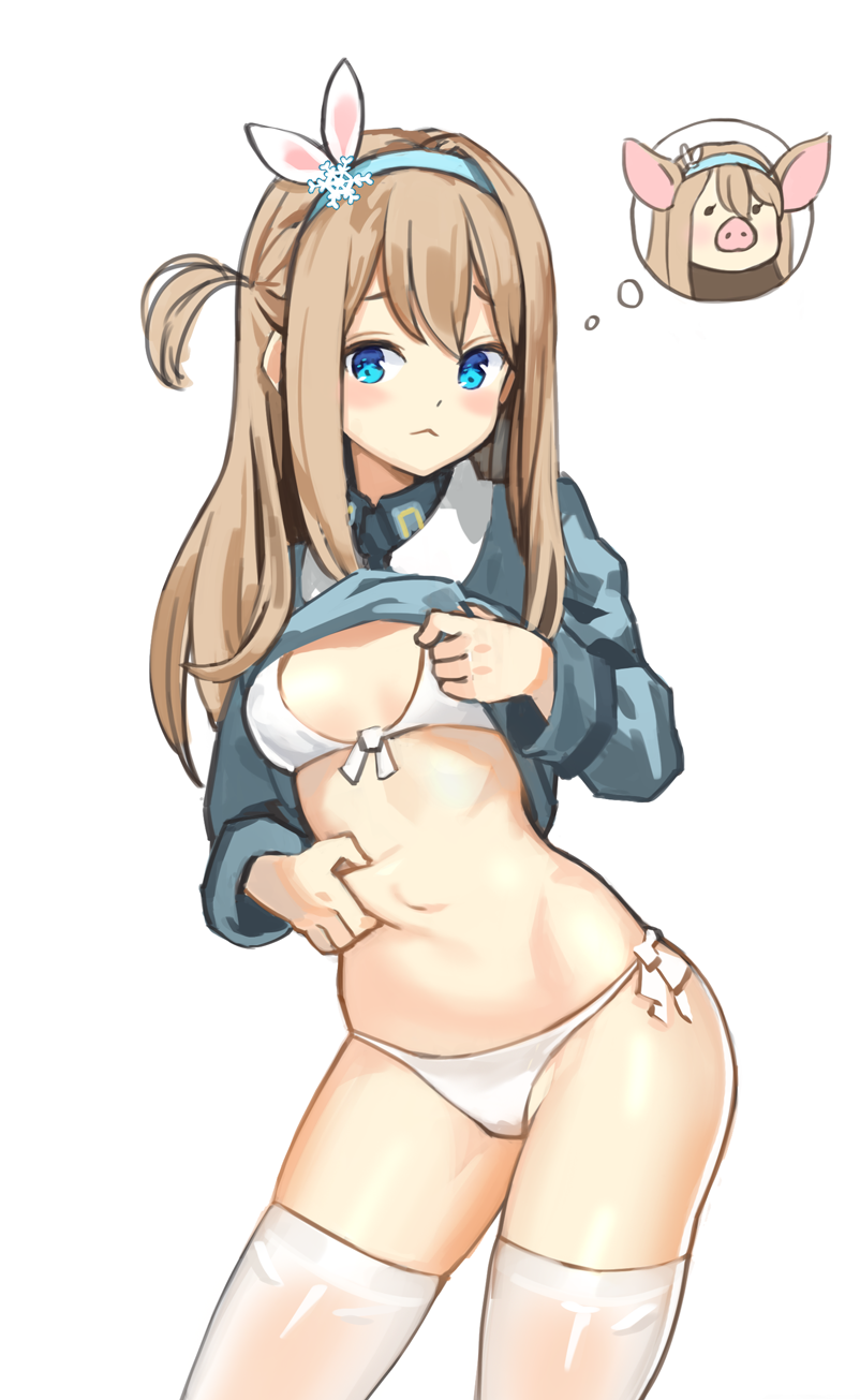 1girl, :<, animal_ears, bikini, blue_eyes, breasts, brown_hair, closed_eyes