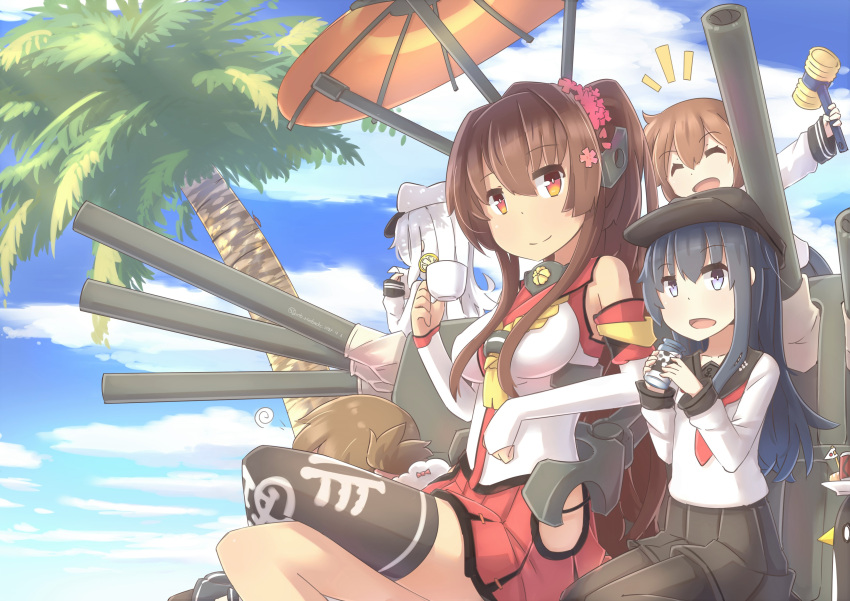 5girls, absurdres, akatsuki_(kantai_collection), anchor_symbol, black_legwear, bottle, brown_hair, cannon