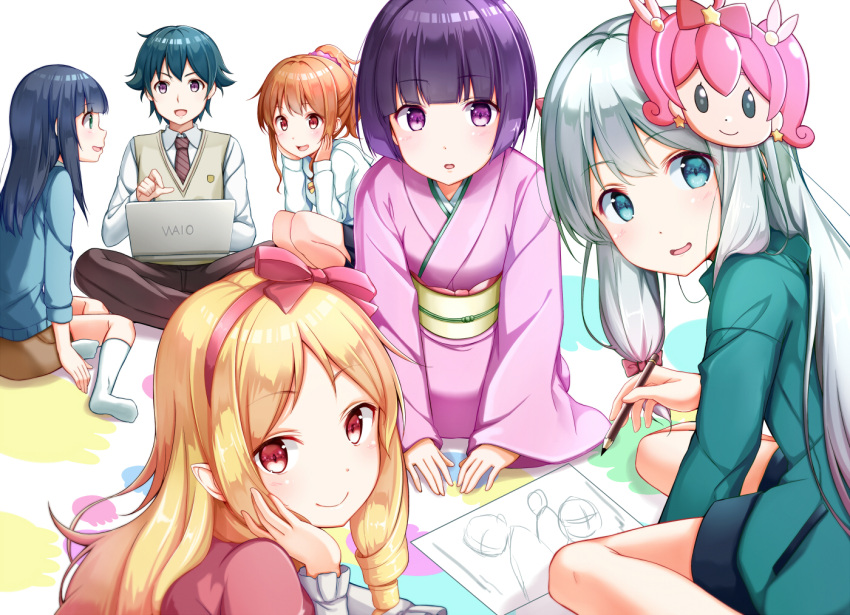 1boy, 5girls, :d, bangs, blonde_hair, blue_eyes, blue_sweater, blunt_bangs