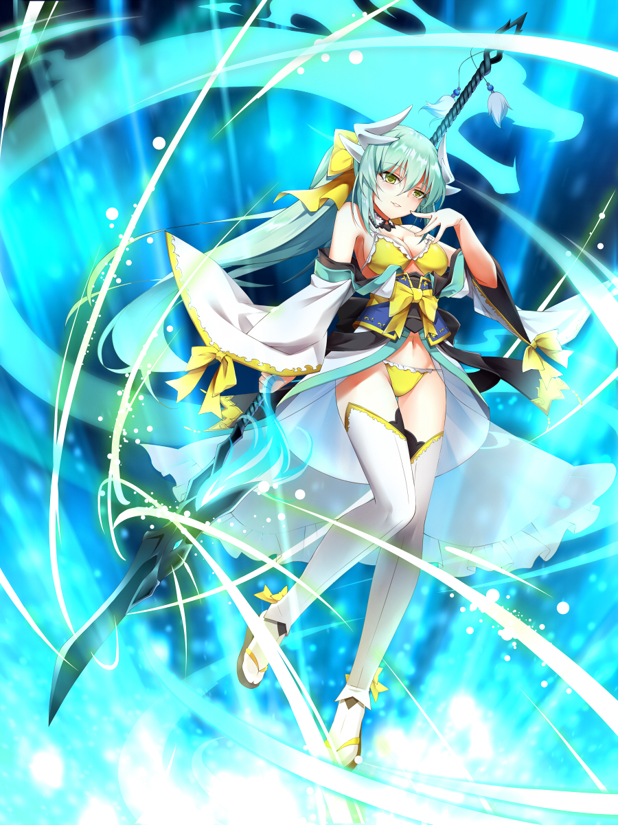 1girl, bikini, bow, breasts, choker, cleavage, eyebrows_visible_through_hair, fate/grand_order, fate_(series), floating_hair, full_body, green_eyes, green_hair, groin, hair_between_eyes, hair_bow, highres, holding, holding_weapon, horns, kiyohime_(fate/grand_order), kiyohime_(swimsuit_lancer)_(fate), lingsexuanlv, long_hair, medium_breasts, navel, parted_lips, polearm, revision, sideboob, smile, solo, swimsuit, thigh-highs, very_long_hair, weapon, white_legwear, yellow_bikini, yellow_bow