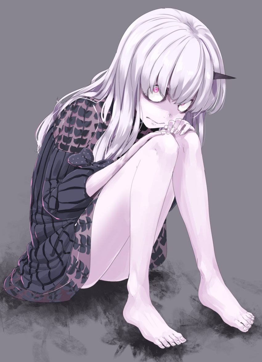 1girl, bangs, bare_legs, barefoot, black_dress, bow, constricted_pupils, dress