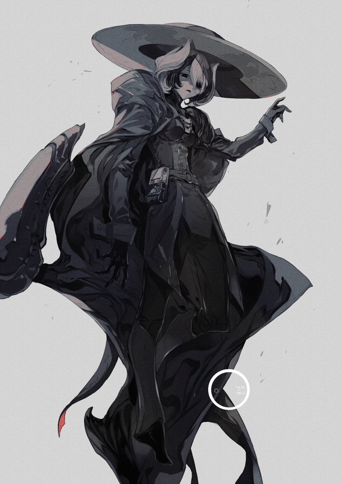 1girl, black_cape, black_eyes, black_gloves, black_hair, cape, gloves, grey_background
